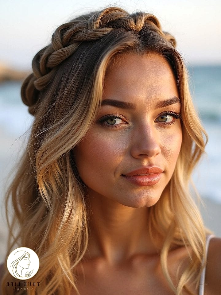 12 Beach Hairstyles For Long Hair Everyone Is Pinning Right Now 3 Braided Crown With Loose Strands