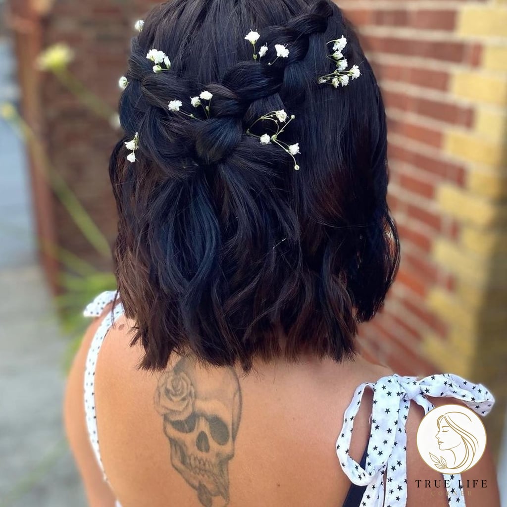 25 Prom Hairstyles For Short Hair Everyone Is Pinning Right Now 1 Braided Half Up with Flowers