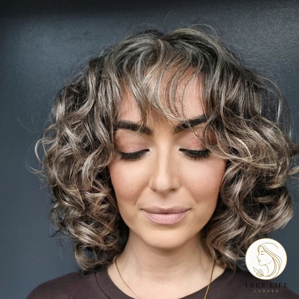 Curly Bob with Balayage and Bangs