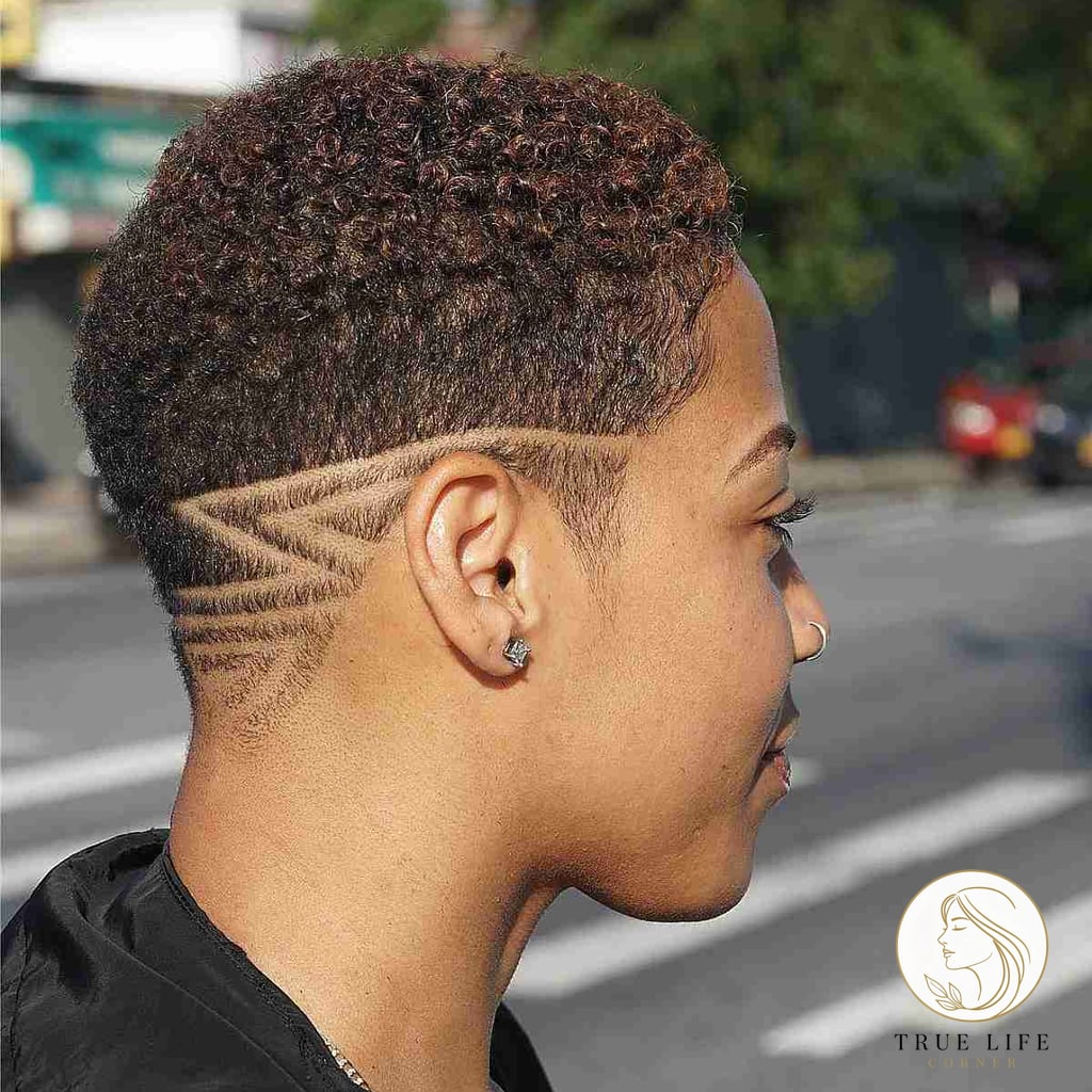 Curly Crop Cut with a Shaved Design