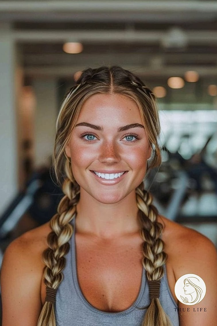 27 Gym Hairstyles For Long Hair Inspo That's Giving Us Everything 5 Double Dutch Braids