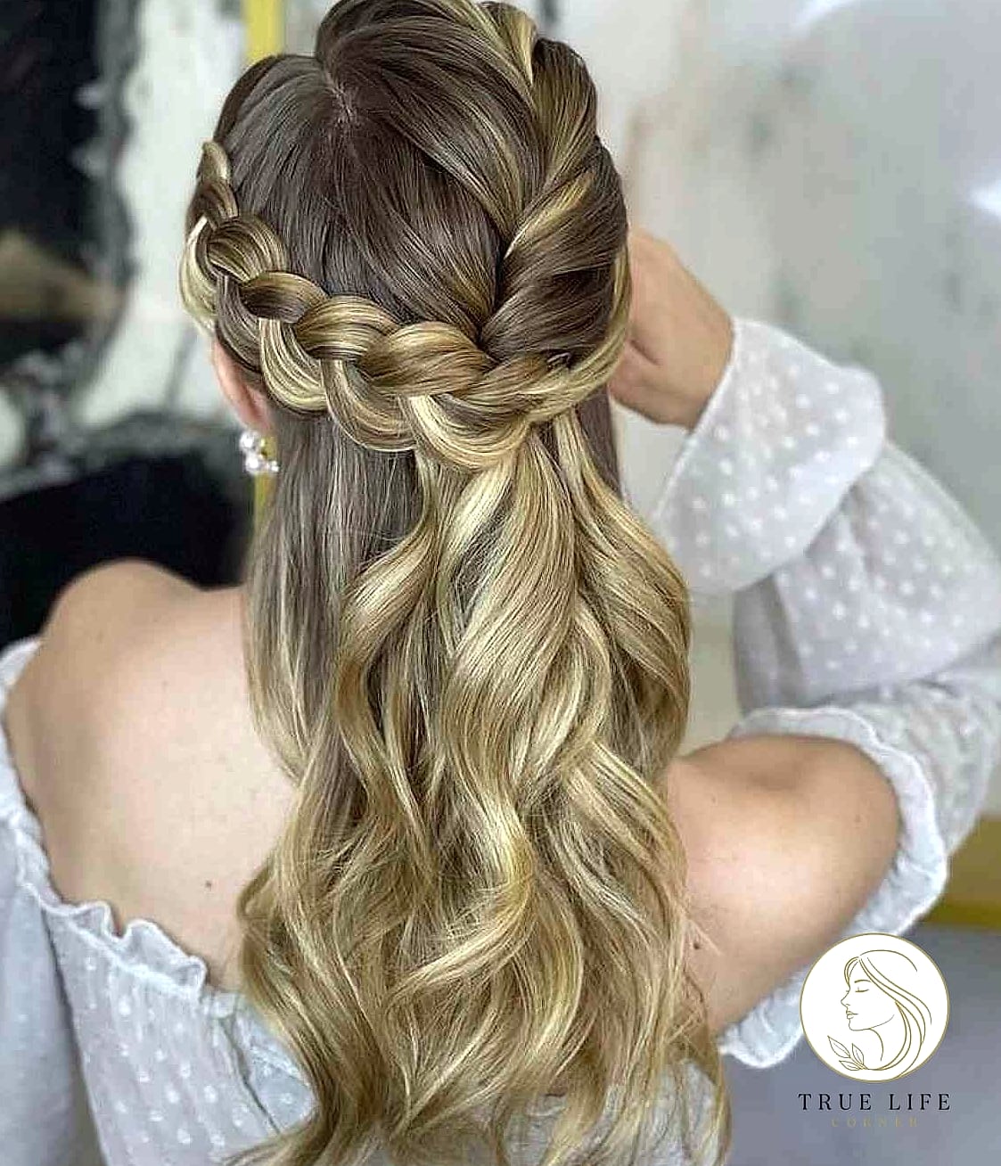 11 Formal Hairstyles For Long Hair Ideas You Need to Try Right Now 3 Half-Up Braided Crown