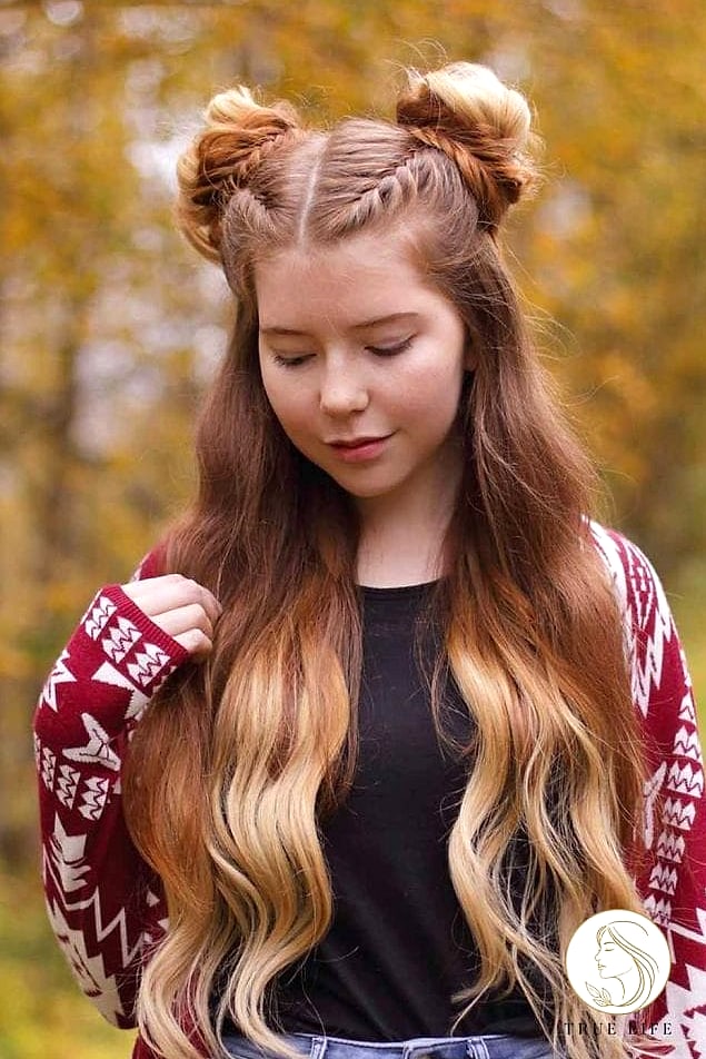 17 Cute Hairstyles For Long Hair Inspo That's Giving Us Everything 7 Half-Up Space Buns
