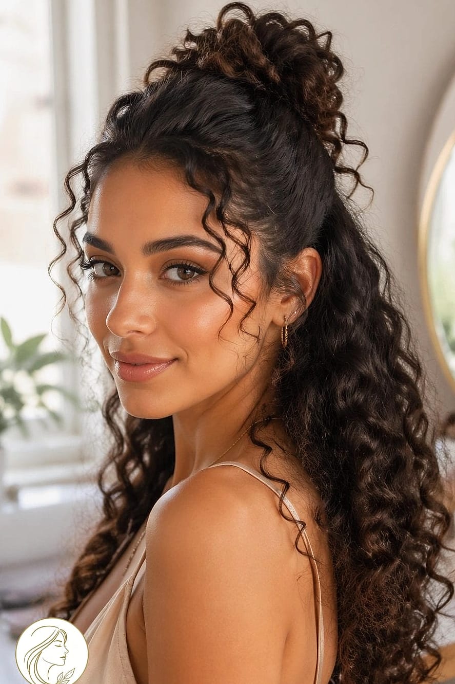 7 Hairstyles For Short Hair Curly We're Obsessed With Right Now 2 The Half-Up Top Knot