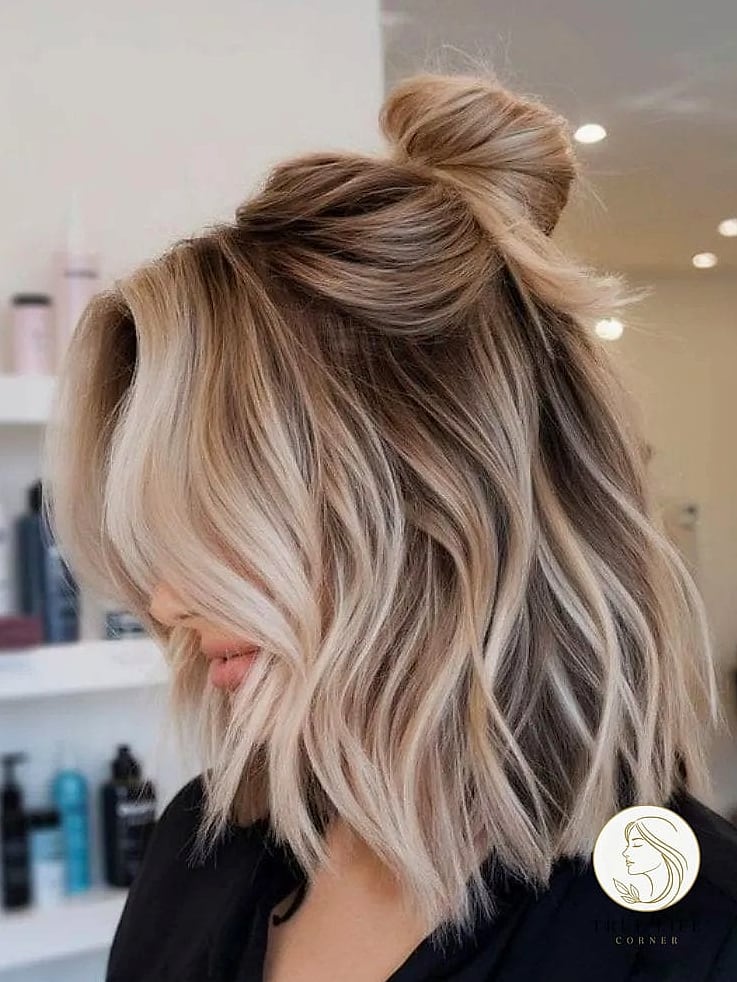 19 Cute Easy Hairstyles For Medium Hair for When You Need a Fresh Change 3 Half-Up Top Knot