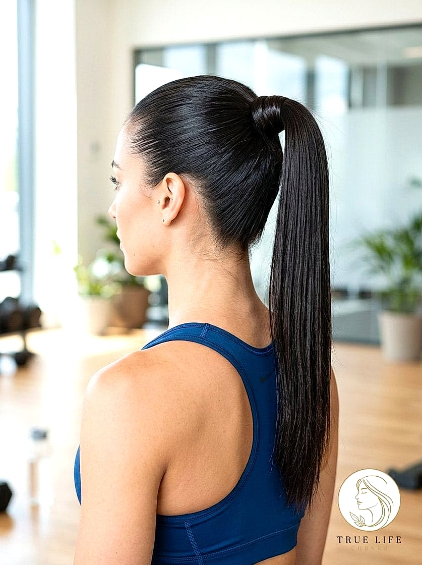27 Gym Hairstyles For Long Hair Inspo That's Giving Us Everything 13 Low Ponytail With A Wrap