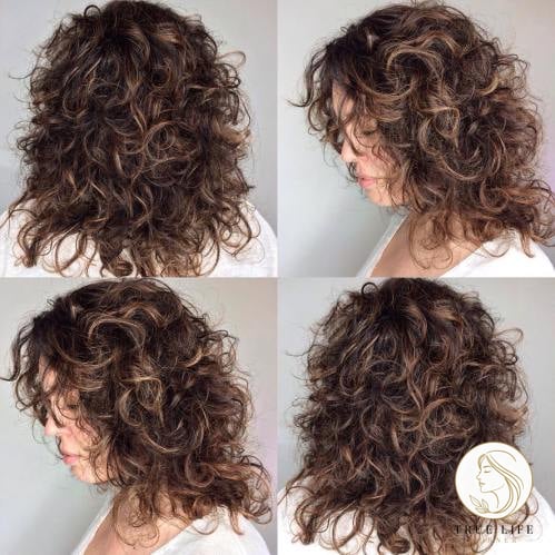 Medium Curly Brunette Shag with Babylights
