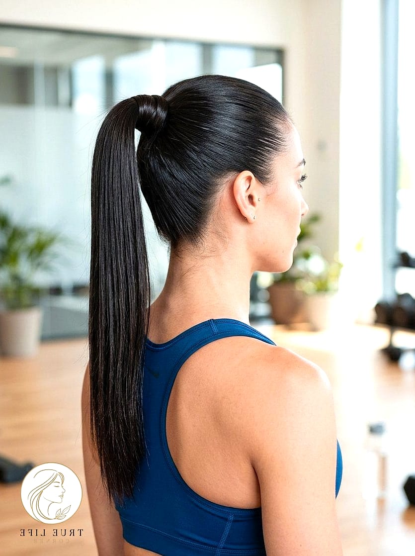 27 Gym Hairstyles For Long Hair Inspo That's Giving Us Everything 19 Ponytail With A Silk Scarf Wrap