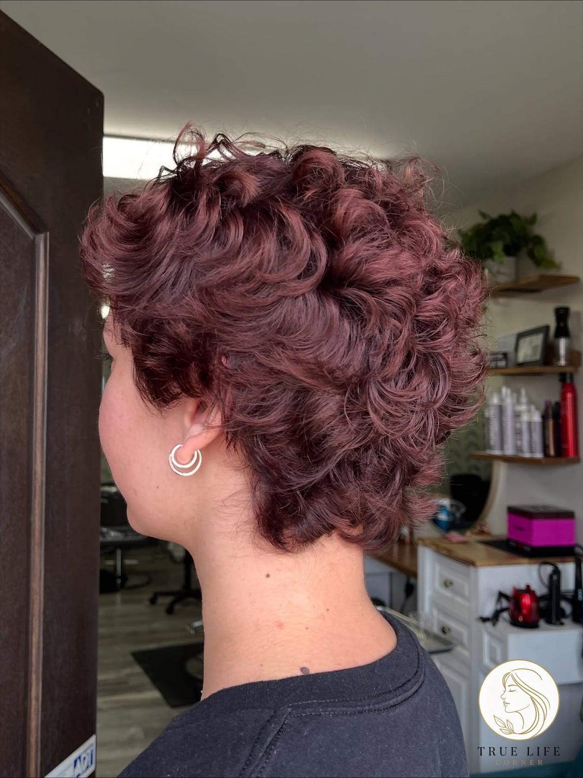 Rich Burgundy Curls in a Short Bob