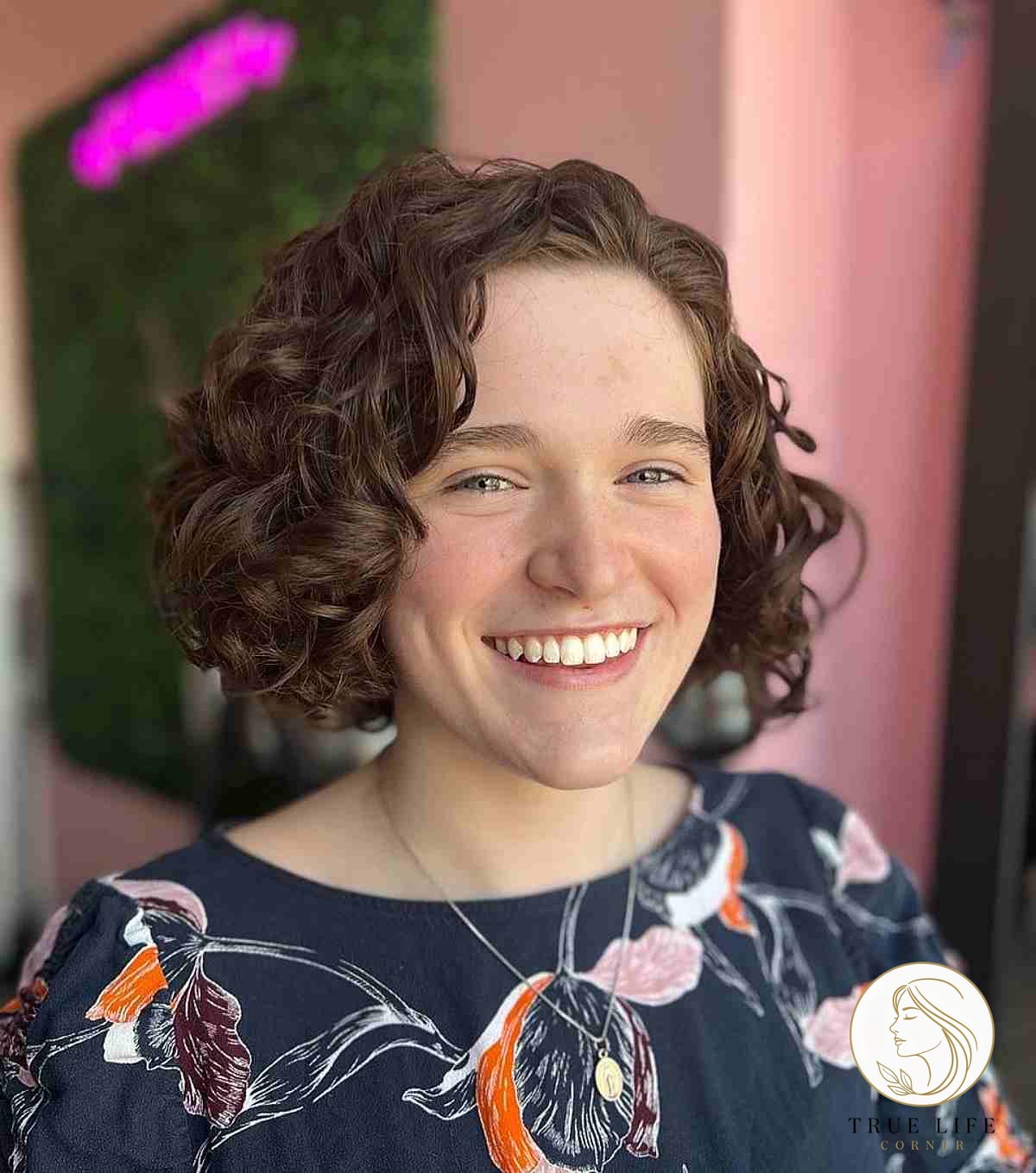 Short Side Part Brunette Curly Hair