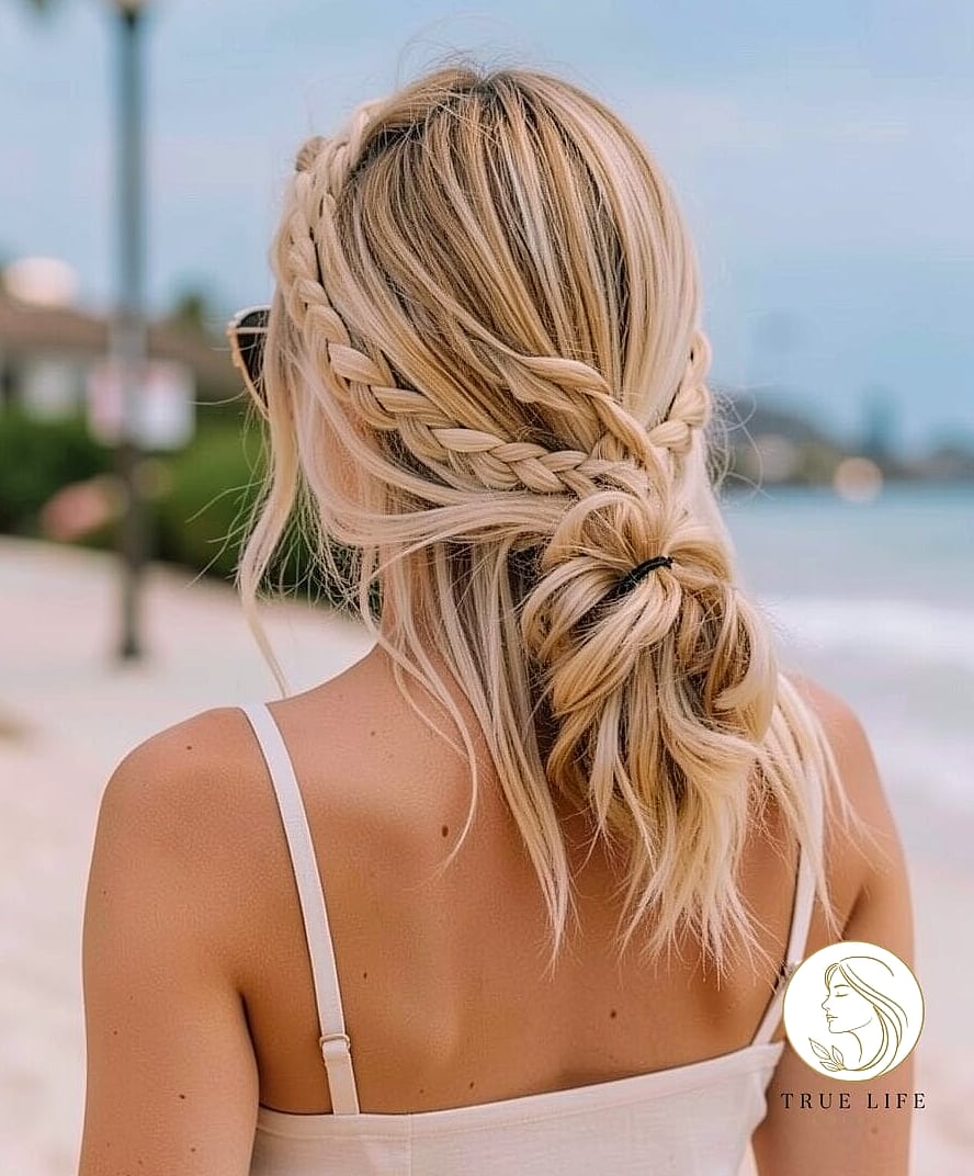 12 Beach Hairstyles For Long Hair Everyone Is Pinning Right Now 6 Textured Low Bun With Face-Framing Pieces