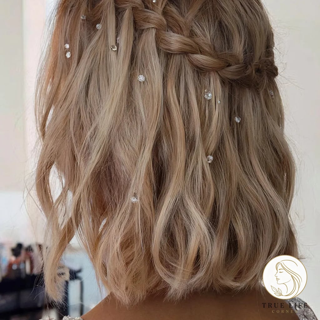 25 Prom Hairstyles For Short Hair Everyone Is Pinning Right Now 16 Wispy Waterfall Braid with Gems