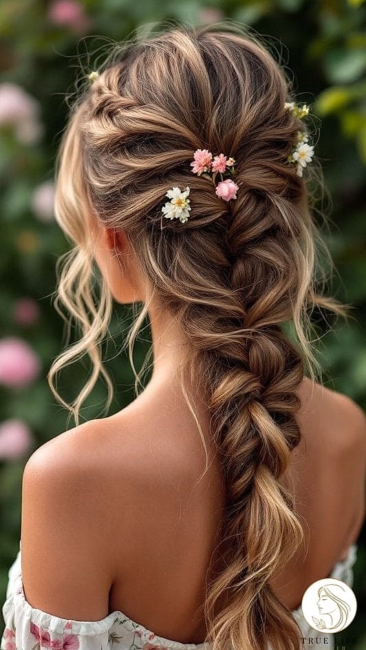 27 Side Braid Hairstyles Everyone Is Pinning Right Now 24 Boho Side Braid with Flowers