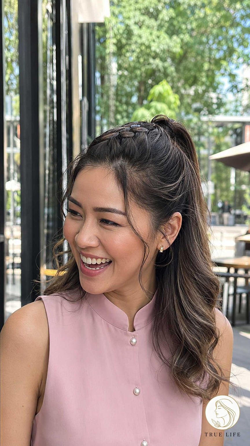 7 Braided Ponytail Hairstyles for When You Need a Fresh Change 3 Braided Headband Ponytail with Soft Curtain Bangs