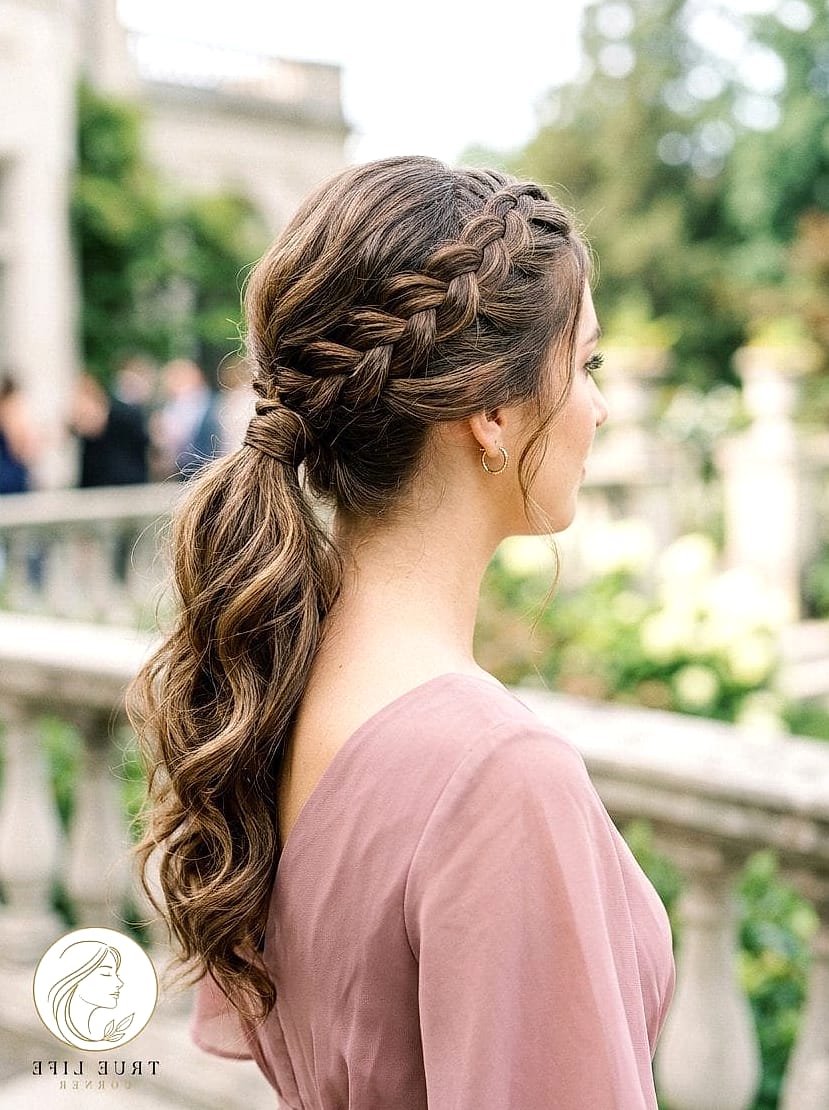 23 Wedding Guest Hairstyles For Long Hair to Transform Your Look Instantly 12 Braided Ponytail with Face-Framing Pieces