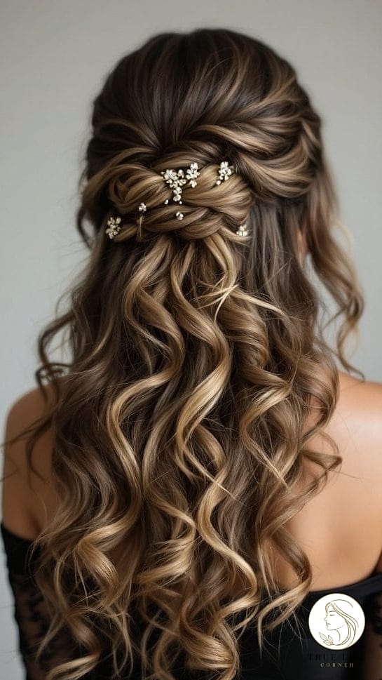 16 Party Hairstyles For Long Hair to Show Your Stylist ASAP 16 Curly Half-Up with Statement Accessory