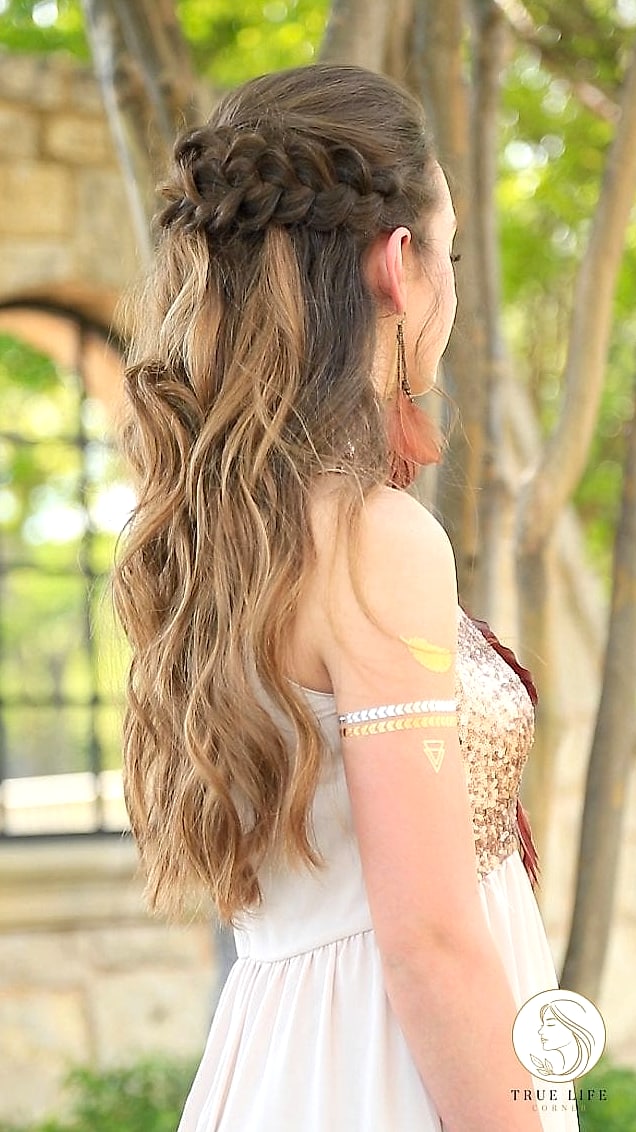 Half-Up Braided Crown With Loose Waves