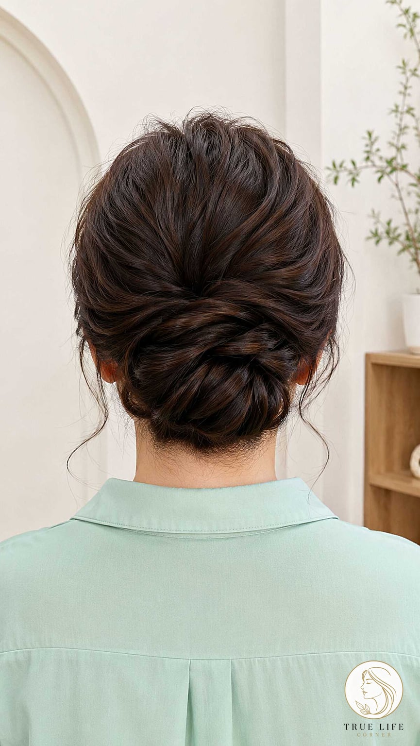 Lived-In Twisted Low Bun on Medium-Density Dark Brown Hair