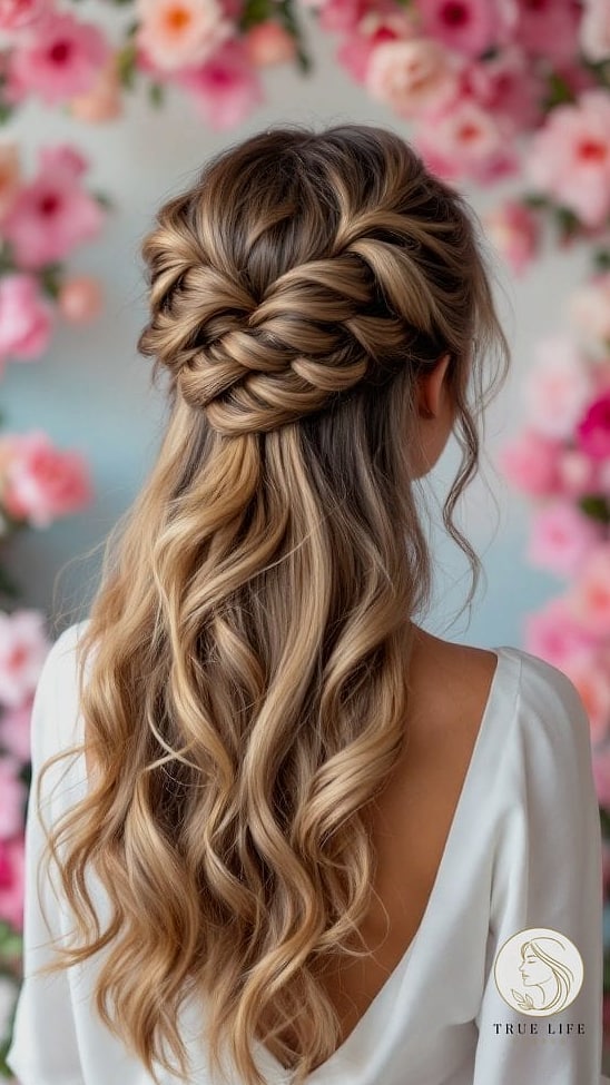 16 Party Hairstyles For Long Hair to Show Your Stylist ASAP 12 Twisted Half-Up Style